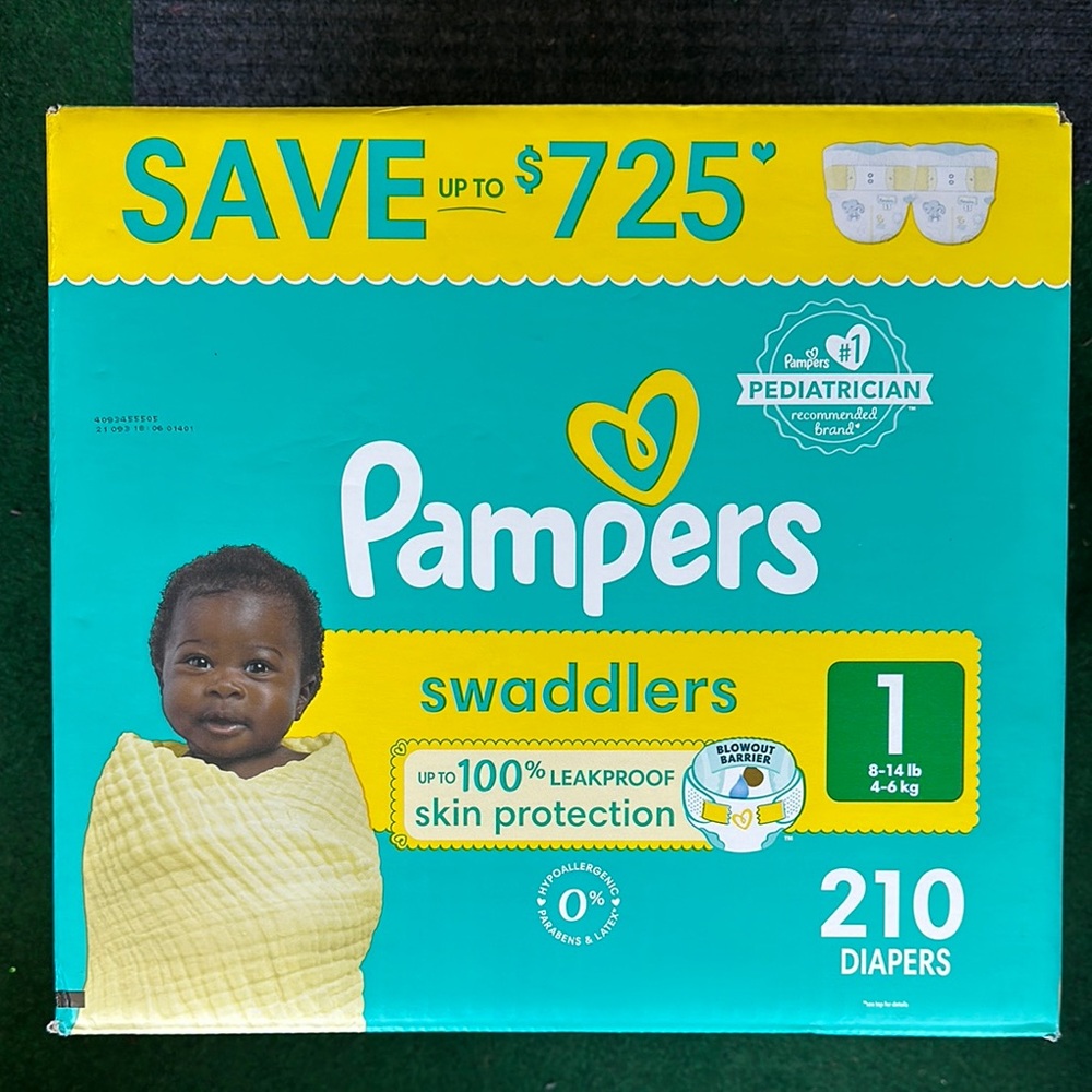 Swaddlers Diapers - Size 1, 210 Count, Green and Yellow